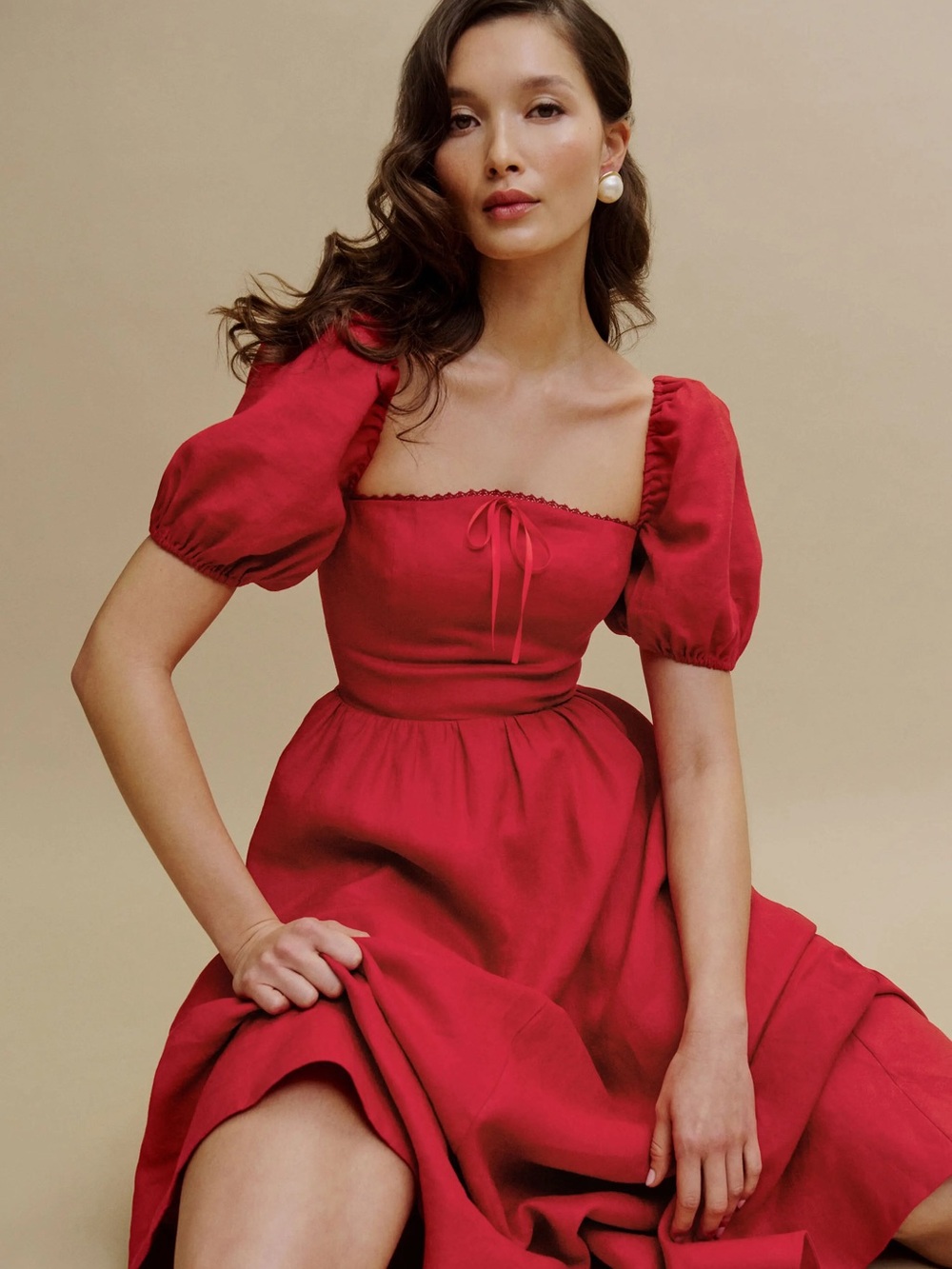Reformation Marella Red Puff-Sleeve Square Neck Linen Midi Dress - Picture 2 of 9